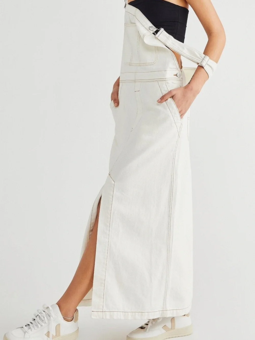 Free People We The Free Holly Skirtall Off-White Denim Maxi Overall